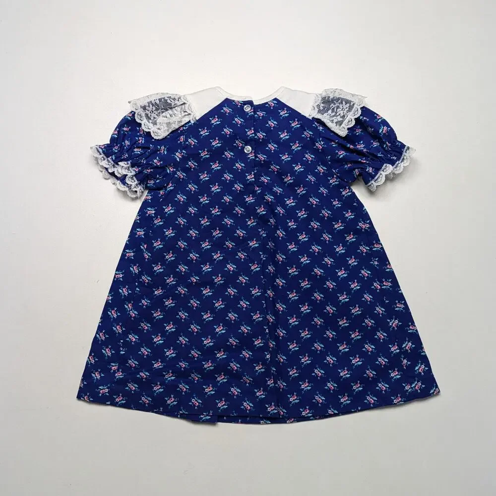 Vintage Sears Dress Girls Size 24m Blue Floral Frilly Bow